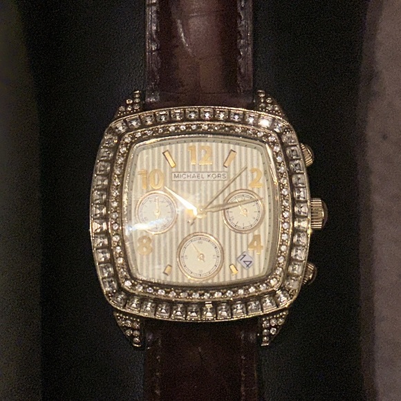 Michael Kors MK 5106 Gold Bling Watch with Genuine Leather Brown Band - Picture 4 of 12